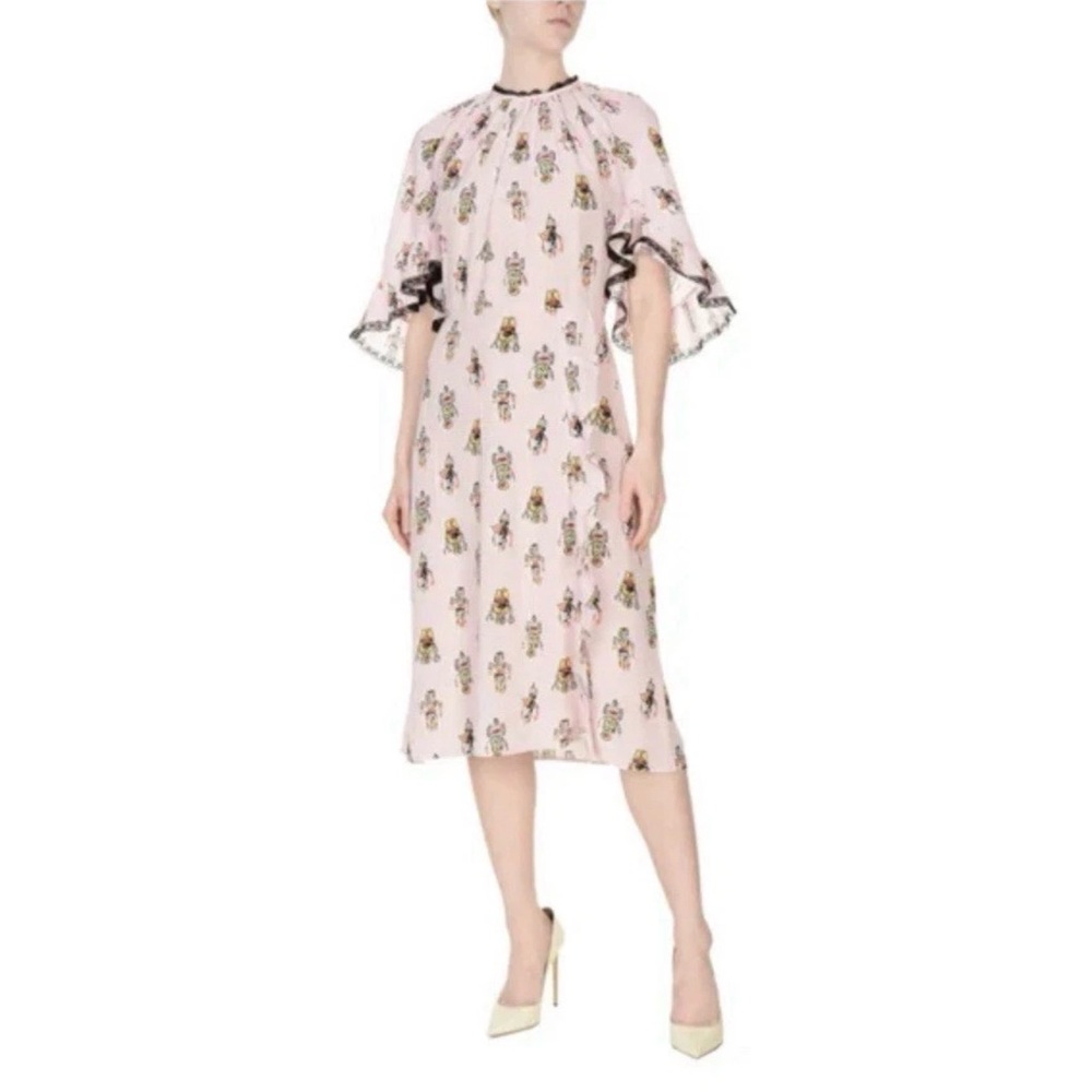Pink Robot Print Ruffle-Sleeve Midi Dress